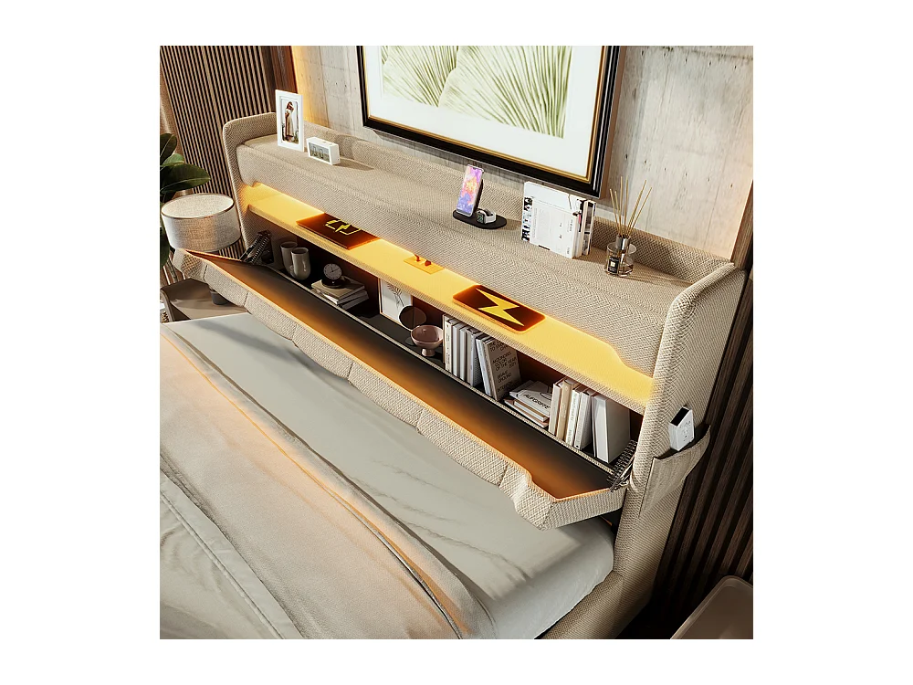 Lit coffre rembourré 140x200 avec LED 360° et ports USB & Type-C tête de lit avec rangement lin beige