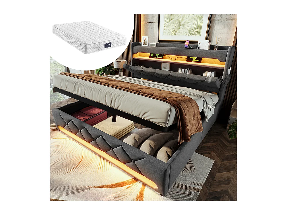 Lit coffre rembourré 160x200 avec LED 360° et ports USB & Type-C tête de lit avec rangement lin gris avec matelas