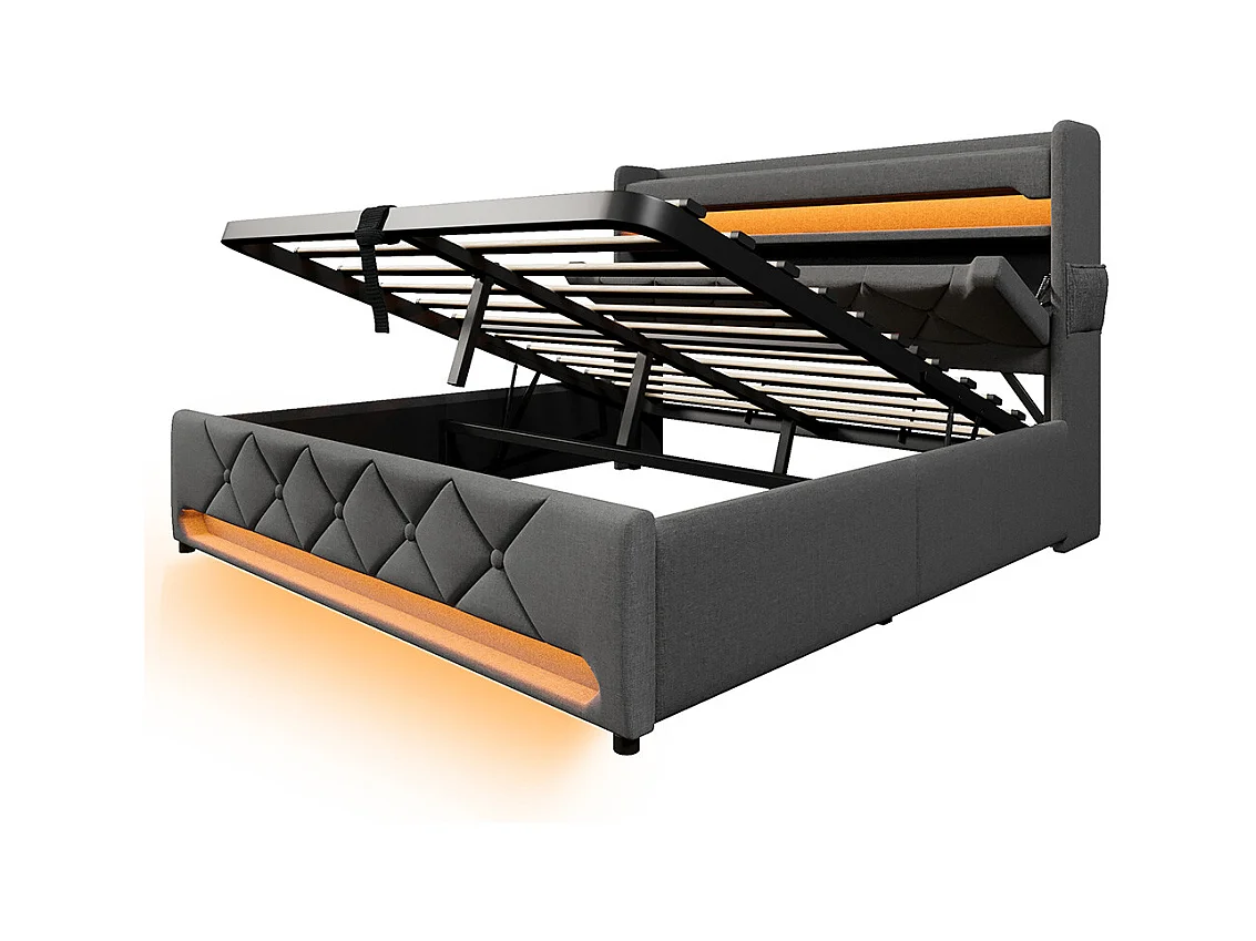 Lit coffre rembourré 160x200 avec LED 360° et ports USB & Type-C tête de lit avec rangement lin gris avec matelas