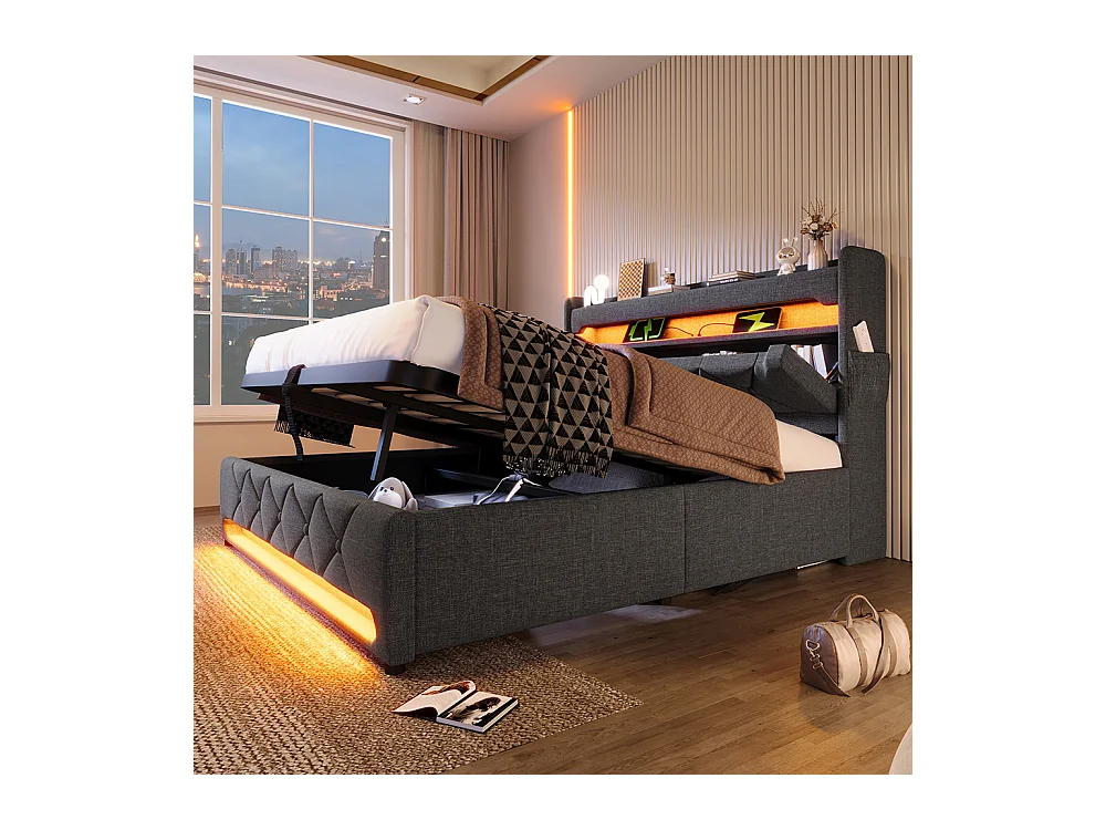 Lit coffre rembourré 160x200 avec LED 360° et ports USB & Type-C tête de lit avec rangement lin gris avec matelas