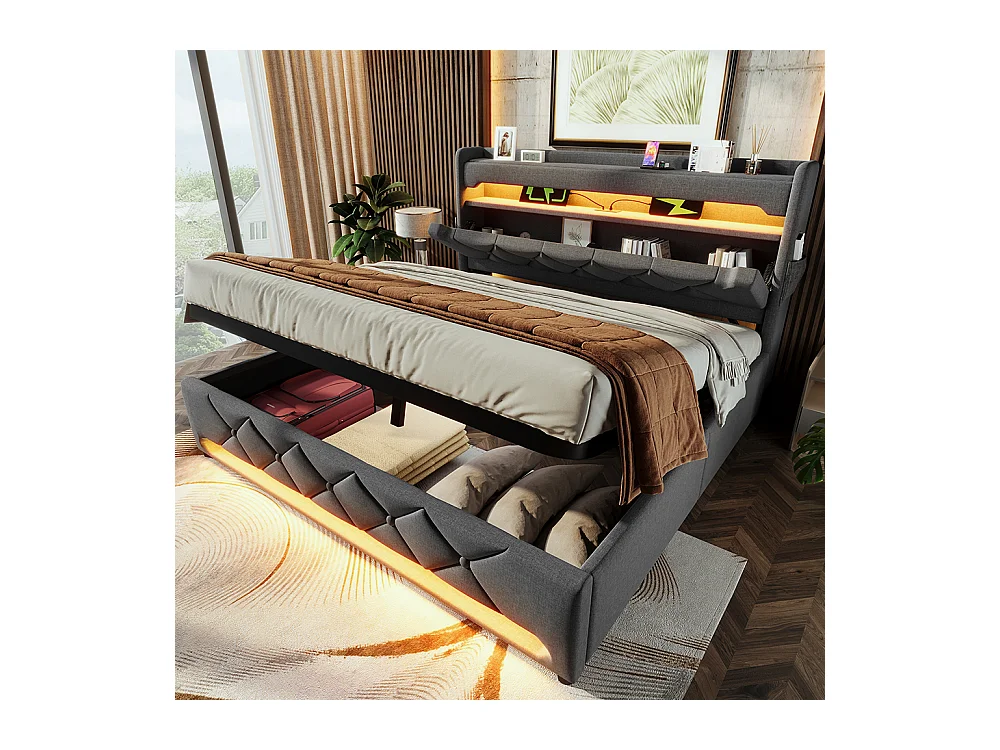 Lit coffre rembourré 160x200 avec LED 360° et ports USB & Type-C tête de lit avec rangement lin gris avec matelas