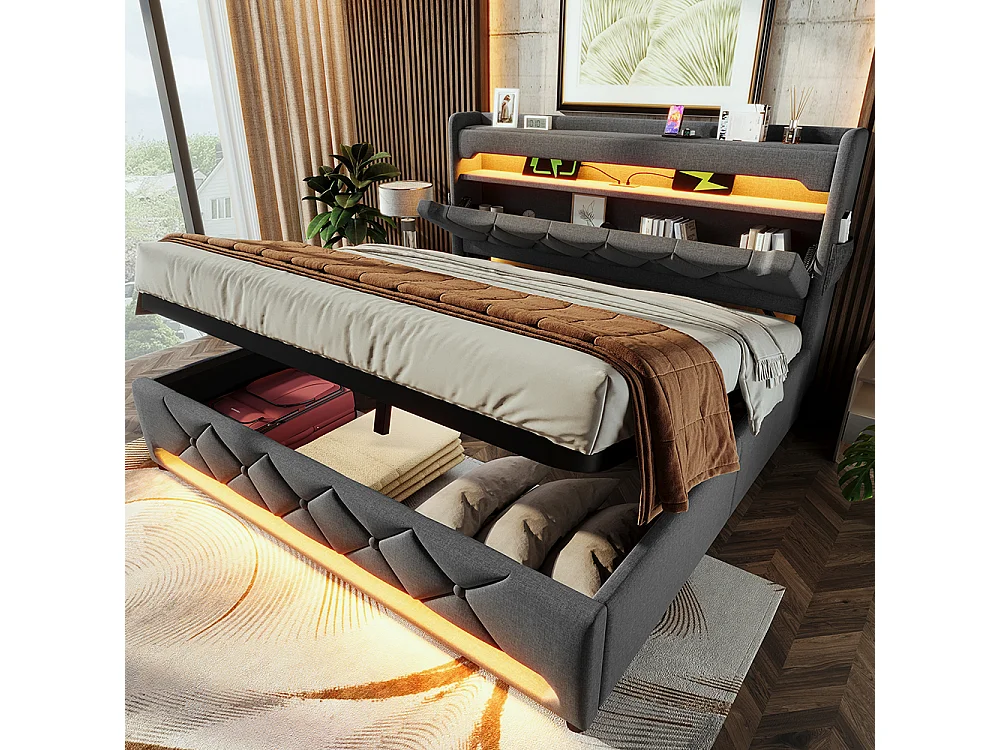 Lit coffre rembourré 160x200 avec LED 360° et ports USB & Type-C tête de lit avec rangement lin gris avec matelas
