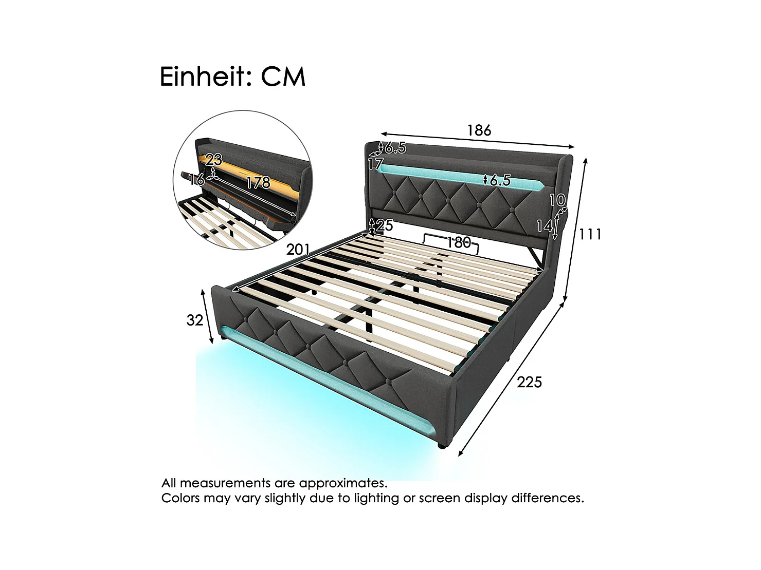 Lit coffre rembourré 180x200 avec LED 360° et ports USB & Type-C tête de lit avec rangement lin gris