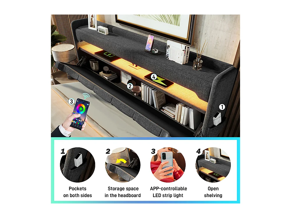 Lit coffre rembourré 180x200 avec LED 360° et ports USB & Type-C tête de lit avec rangement lin gris