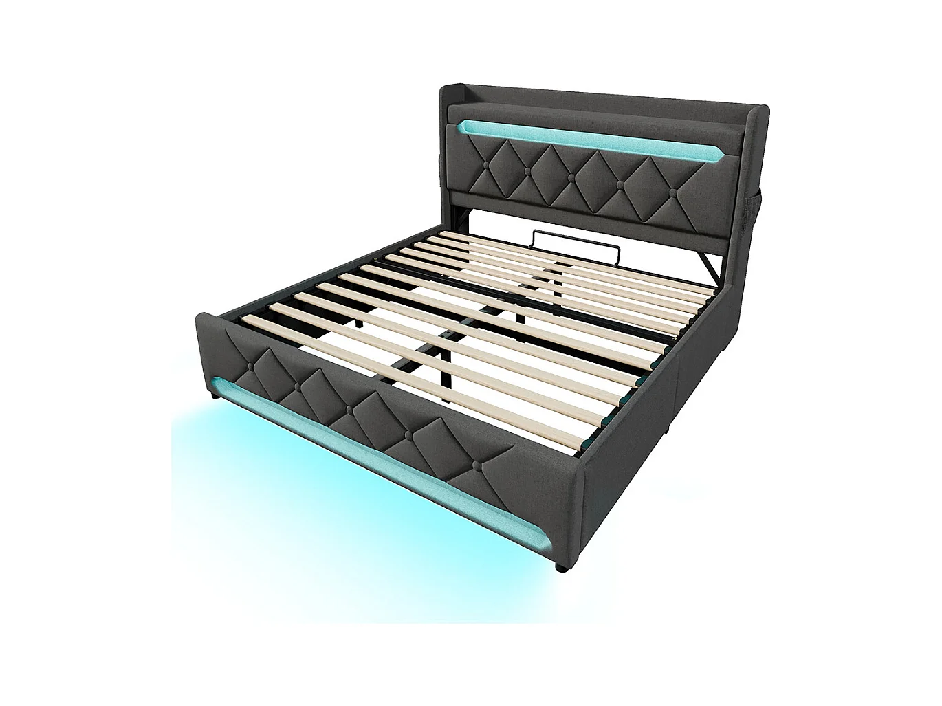 Lit coffre rembourré 140x200 avec LED 360° et ports USB & Type-C tête de lit avec rangement lin gris