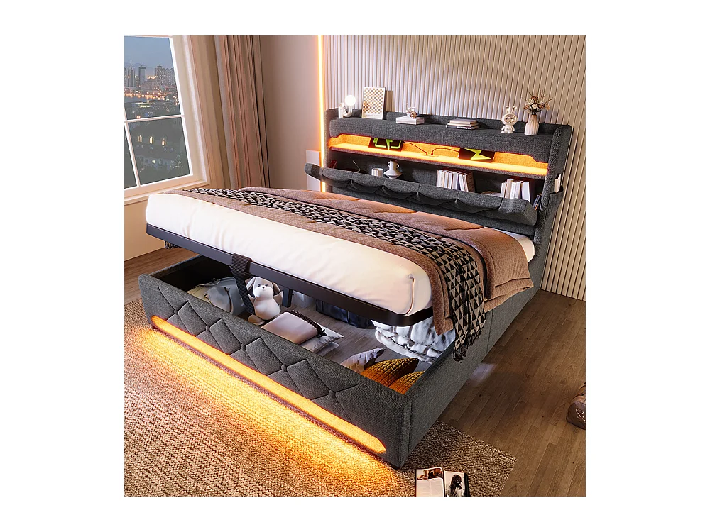 Lit coffre rembourré 140x200 avec LED 360° et ports USB & Type-C tête de lit avec rangement lin gris