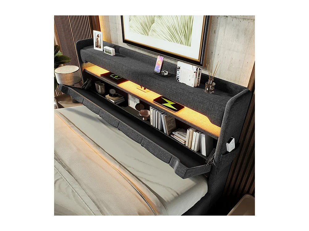 Lit coffre rembourré 140x200 avec LED 360° et ports USB & Type-C tête de lit avec rangement lin gris