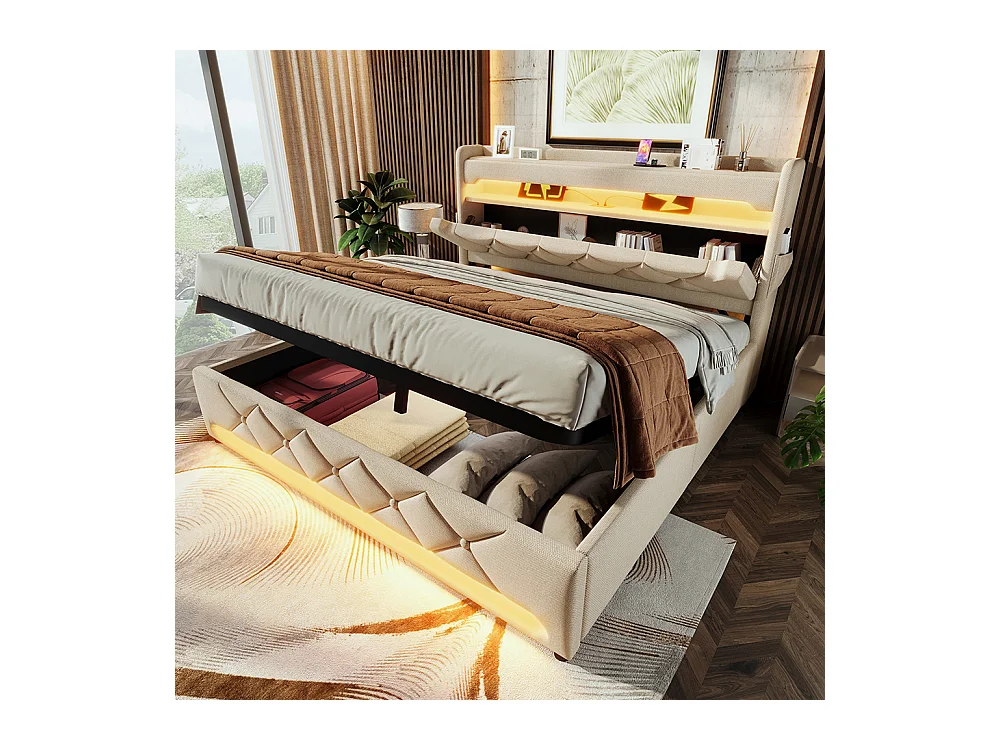 Lit coffre rembourré 180x200 avec LED 360° et ports USB & Type-C tête de lit avec rangement lin beige