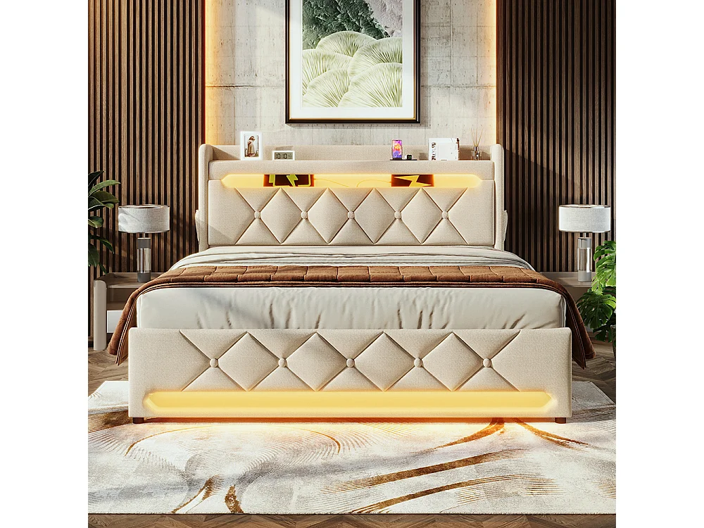 Lit coffre rembourré 180x200 avec LED 360° et ports USB & Type-C tête de lit avec rangement lin beige