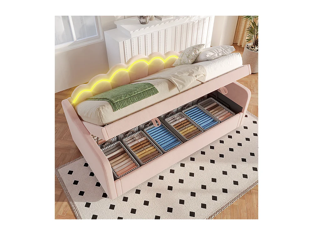 Lit coffre 90x200 cm canapé-lit avec espace de rangement lit simple velours bande LED changeant de couleur rose
