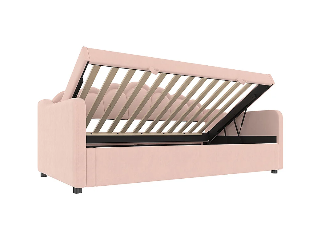 Lit coffre 90x200 cm canapé-lit avec espace de rangement lit simple velours bande LED changeant de couleur rose