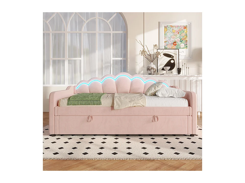 Lit coffre 90x200 cm canapé-lit avec espace de rangement lit simple velours bande LED changeant de couleur rose