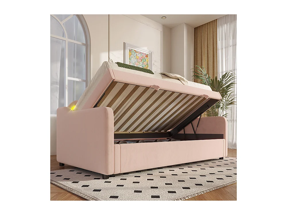 Lit coffre 90x200 cm canapé-lit avec espace de rangement lit simple velours bande LED changeant de couleur rose