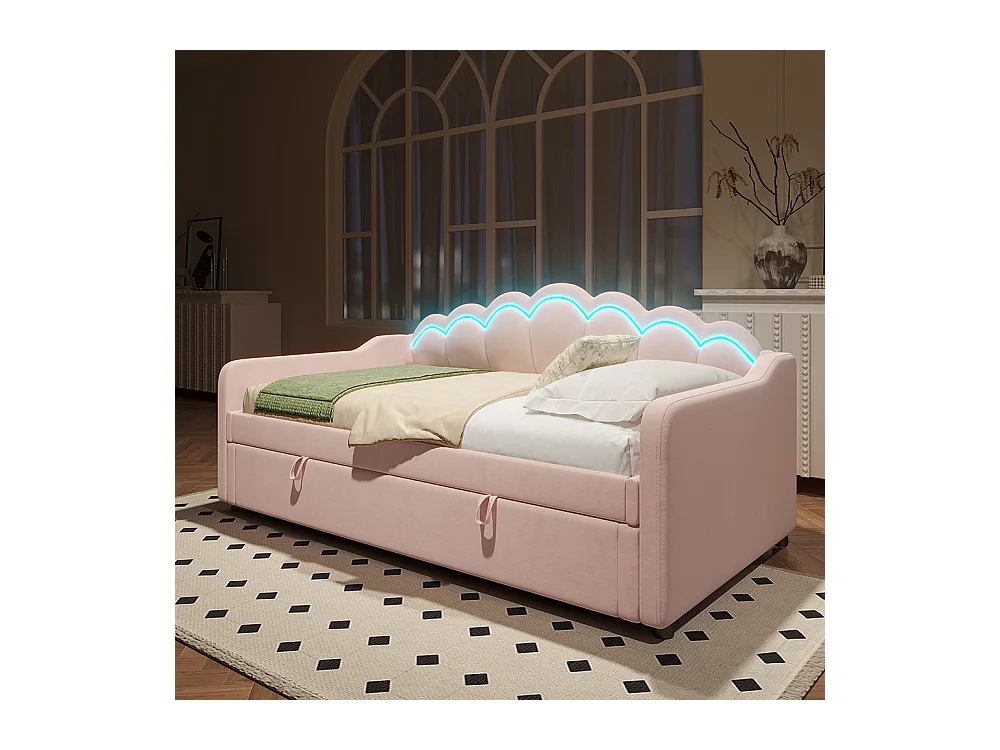 Lit coffre 90x200 cm canapé-lit avec espace de rangement lit simple velours bande LED changeant de couleur rose