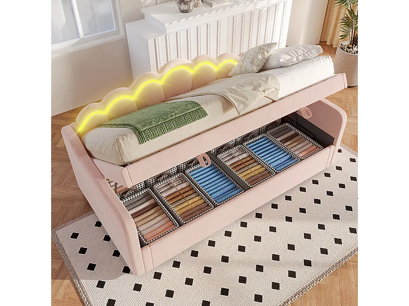 Lit coffre 90x200 cm canapé-lit avec espace de rangement lit simple velours bande LED changeant de couleur rose