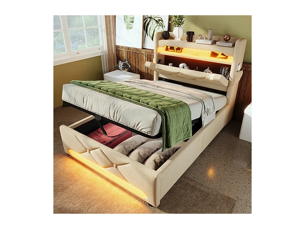 Lit coffre rembourré 90x200 avec LED 360° et ports USB & Type-C tête de lit avec rangement lin beige
