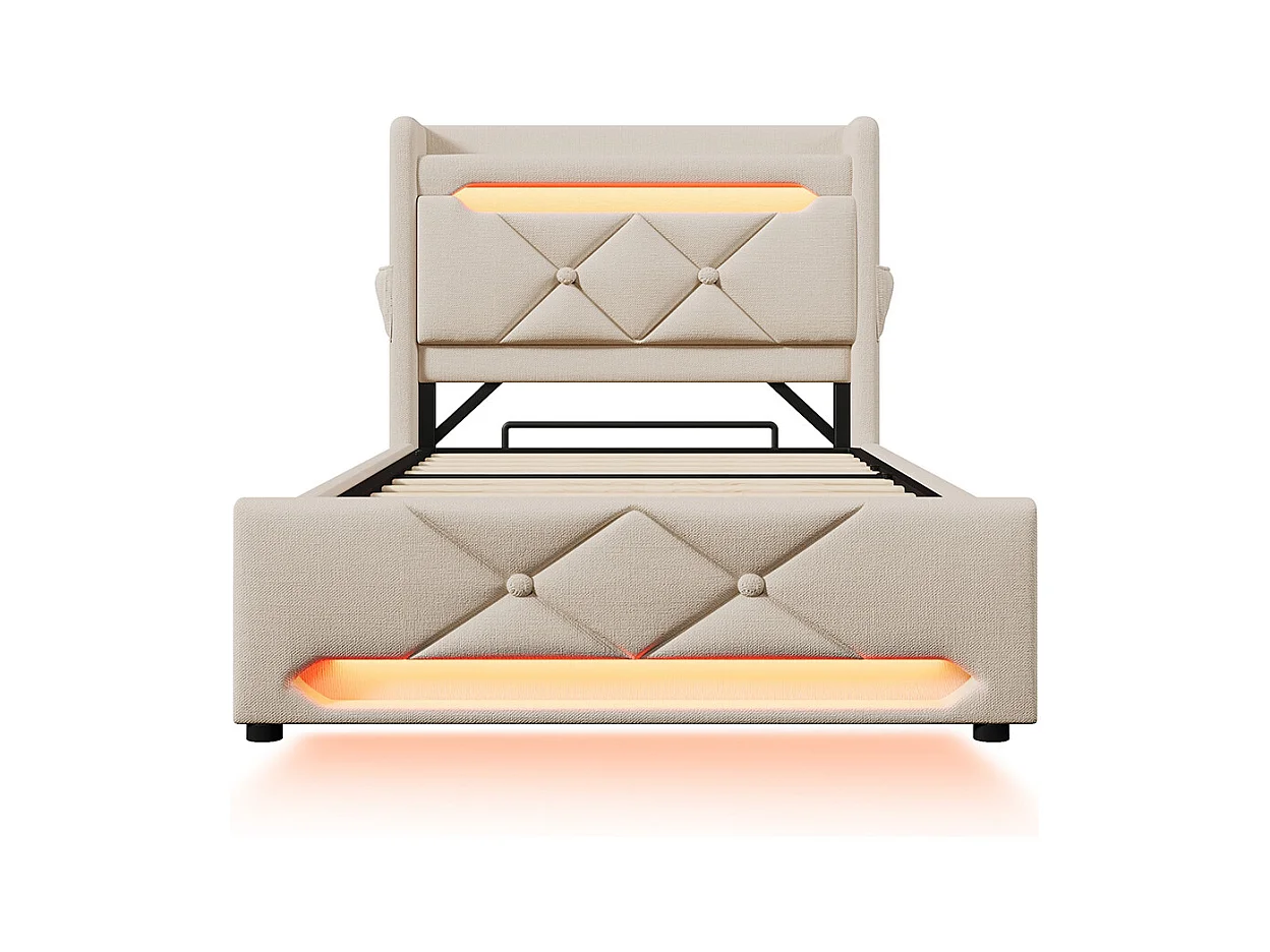 Lit coffre rembourré 90x200 avec LED 360° et ports USB & Type-C tête de lit avec rangement lin beige