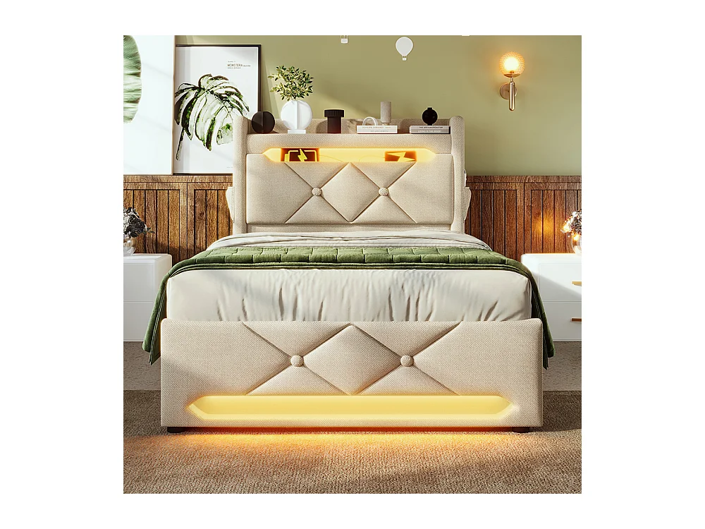 Lit coffre rembourré 90x200 avec LED 360° et ports USB & Type-C tête de lit avec rangement lin beige