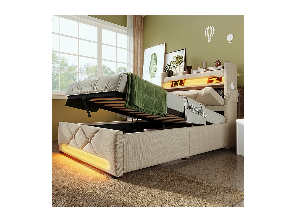 Lit coffre rembourré 90x200 avec LED 360° et ports USB & Type-C tête de lit avec rangement lin beige
