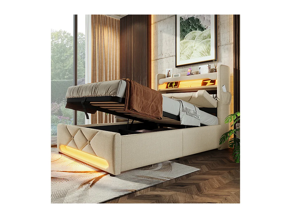 Lit coffre rembourré 90x200 avec LED 360° et ports USB & Type-C tête de lit avec rangement lin beige