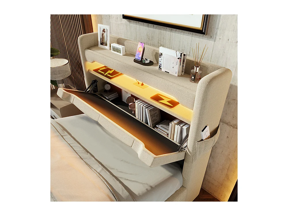 Lit coffre rembourré 90x200 avec LED 360° et ports USB & Type-C tête de lit avec rangement lin beige