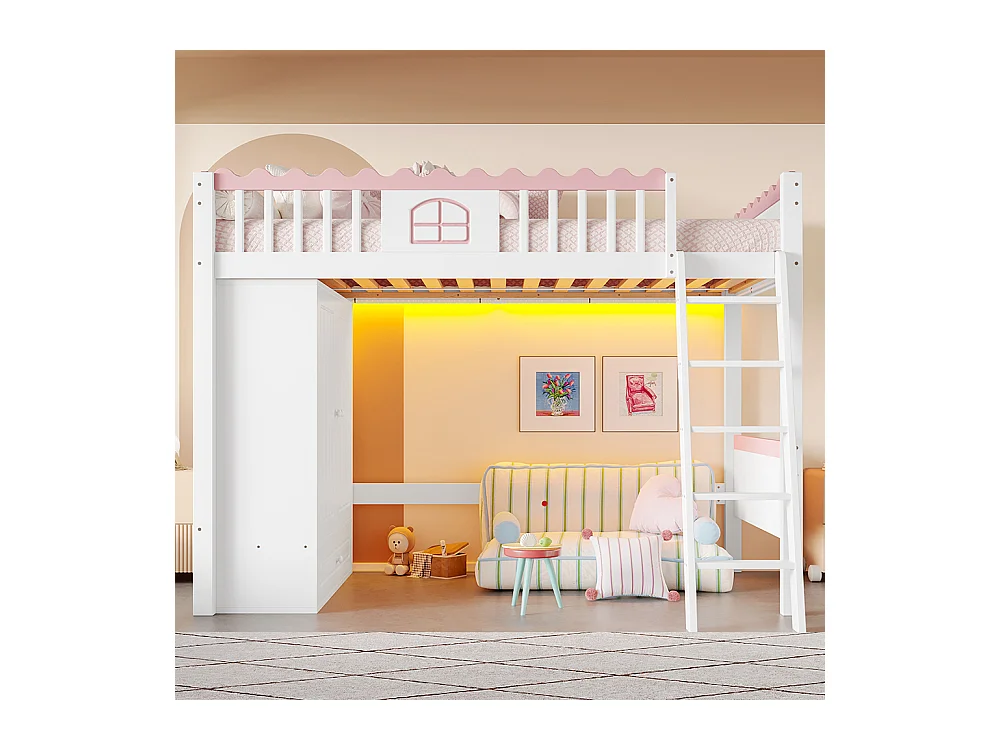 Lit mezzanine 90x200 cm lit simple lit pour enfant avec lampes LED avec armoire avec tiroir de rangement bois de pin blanc