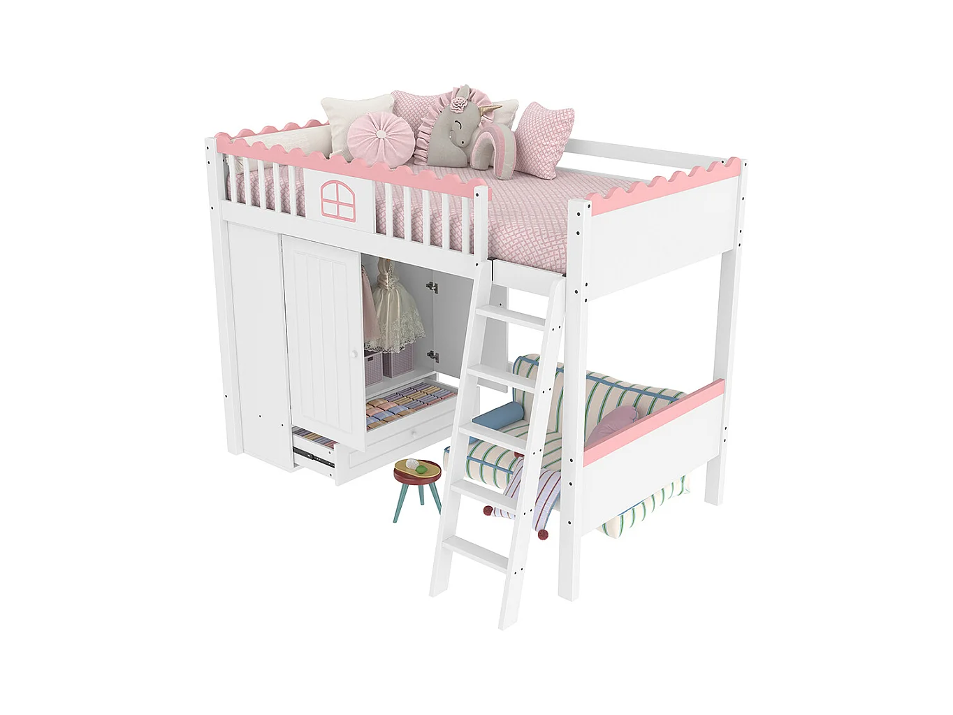 Lit mezzanine 90x200 cm lit simple lit pour enfant avec lampes LED avec armoire avec tiroir de rangement bois de pin blanc