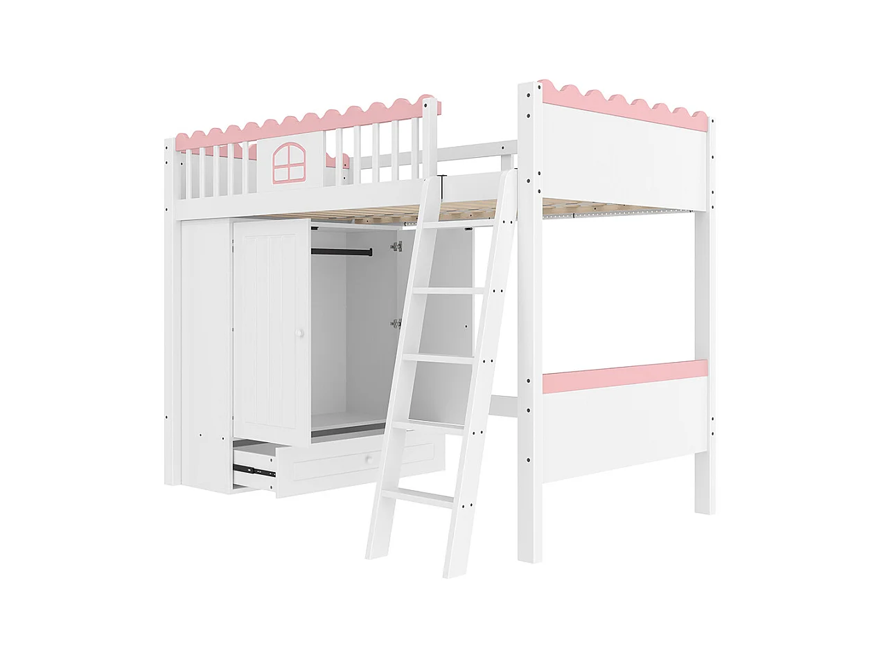 Lit mezzanine 90x200 cm lit simple lit pour enfant avec lampes LED avec armoire avec tiroir de rangement bois de pin blanc