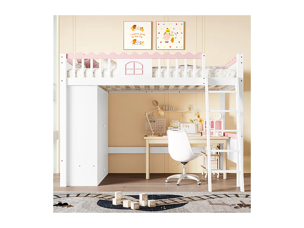 Lit mezzanine 90x200 cm lit simple lit pour enfant avec lampes LED avec armoire avec tiroir de rangement bois de pin blanc