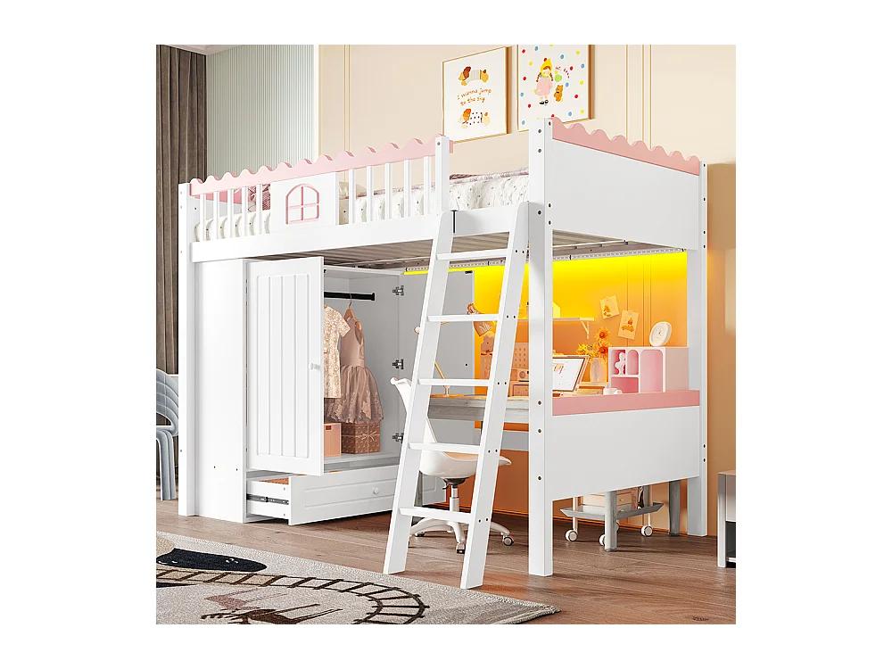 Lit mezzanine 90x200 cm lit simple lit pour enfant avec lampes LED avec armoire avec tiroir de rangement bois de pin blanc