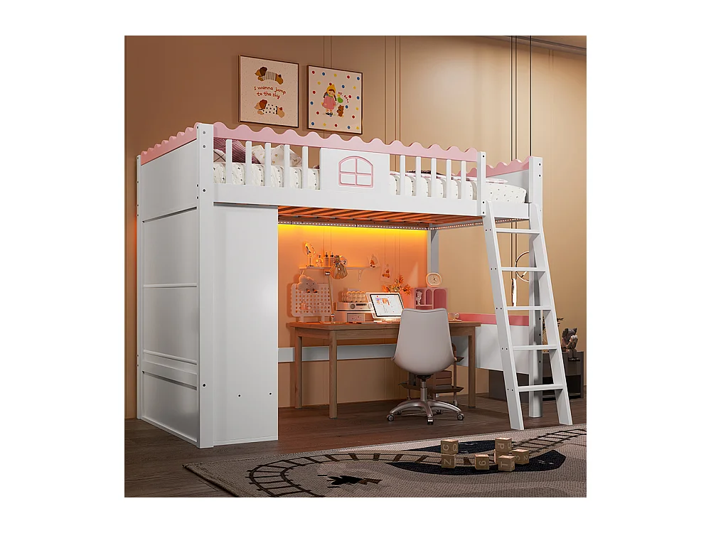 Lit mezzanine 90x200 cm lit simple lit pour enfant avec lampes LED avec armoire avec tiroir de rangement bois de pin blanc
