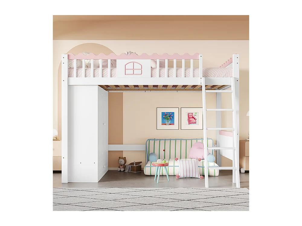 Lit mezzanine 90x200 cm lit simple lit pour enfant avec lampes LED avec armoire avec tiroir de rangement bois de pin blanc