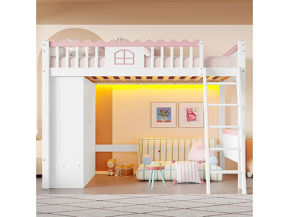 Lit mezzanine 90x200 cm lit simple lit pour enfant avec lampes LED avec armoire avec tiroir de rangement bois de pin blanc