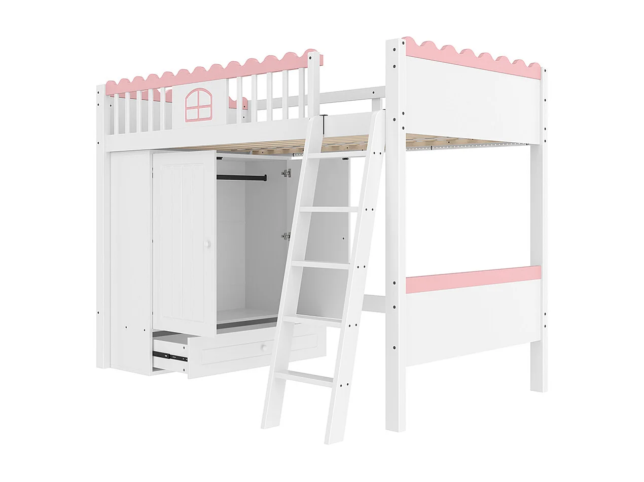 Lit mezzanine 90x200 cm lit simple lit pour enfant avec lampes LED avec armoire avec tiroir de rangement bois de pin blanc
