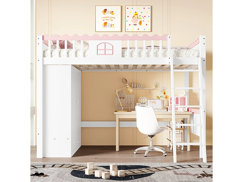 Lit mezzanine 90x200 cm lit simple lit pour enfant avec lampes LED avec armoire avec tiroir de rangement bois de pin blanc