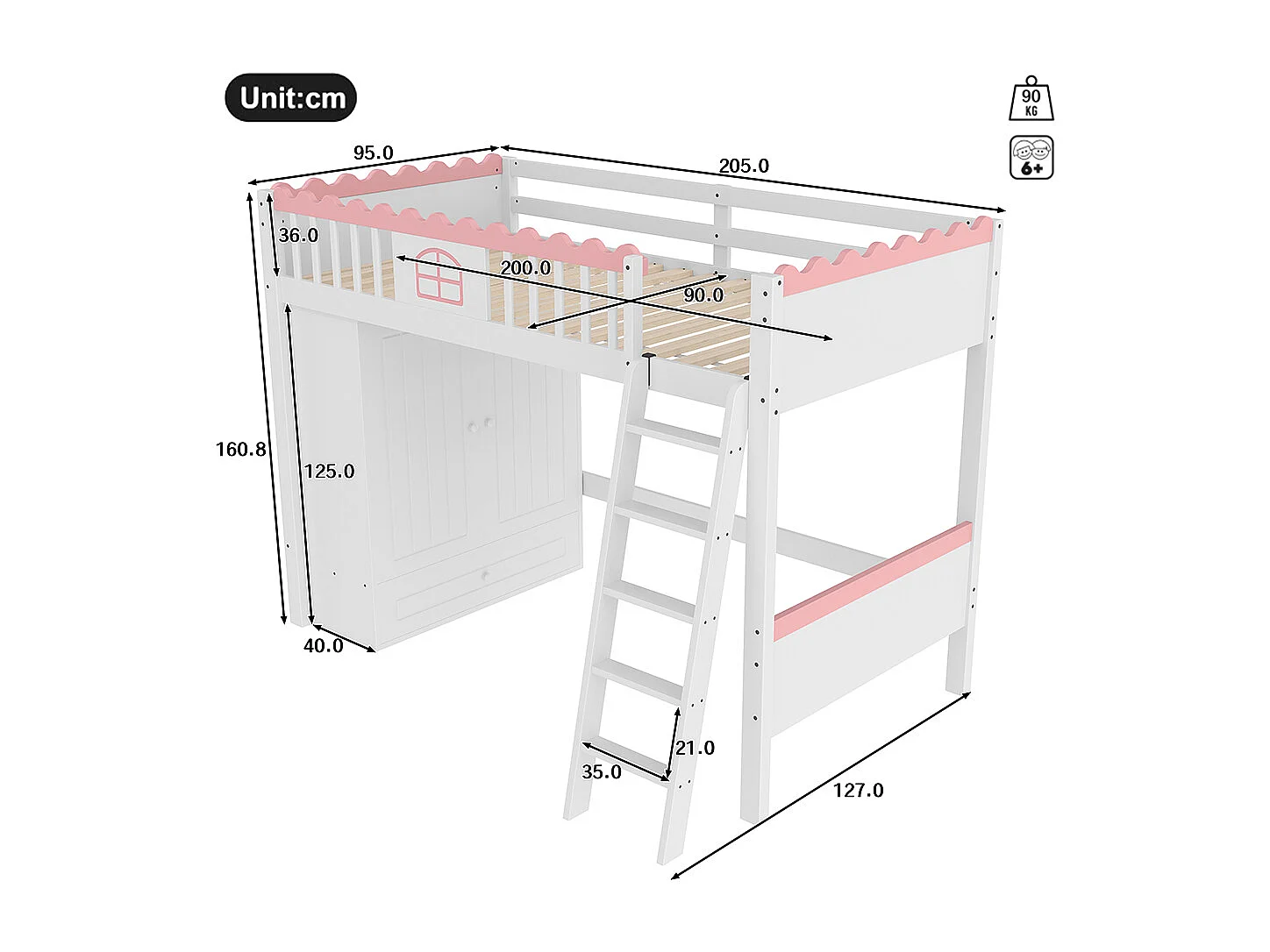 Lit mezzanine 90x200 cm lit simple lit pour enfant avec lampes LED avec armoire avec tiroir de rangement bois de pin blanc
