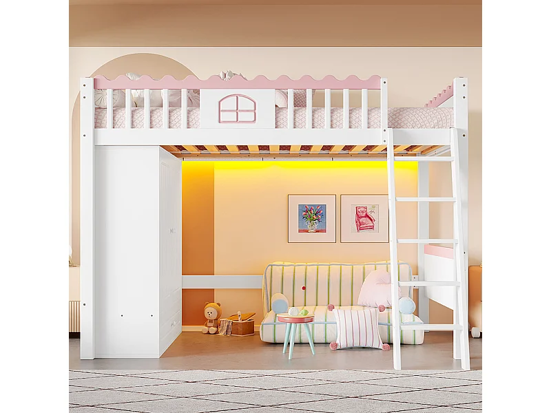 Lit mezzanine 90x200 cm lit simple lit pour enfant avec lampes LED avec armoire avec tiroir de rangement bois de pin blanc