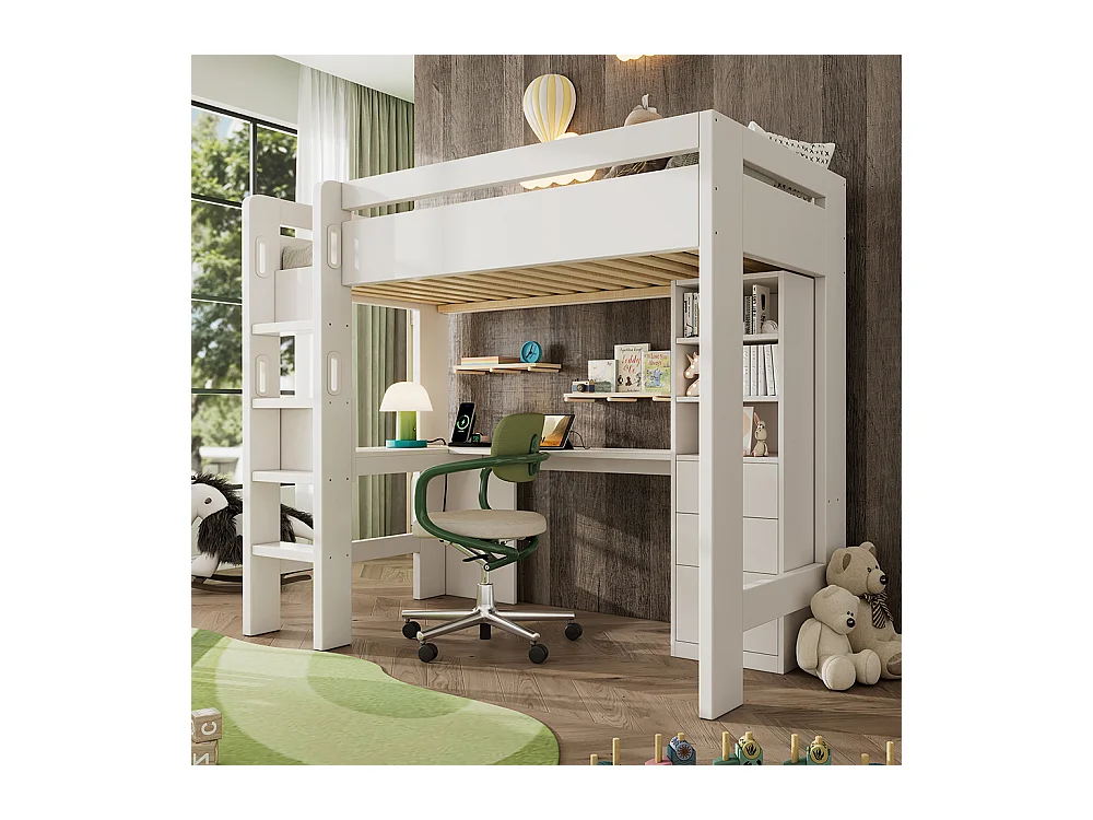 Lit mezzanine 90×200 cm pour enfants avec bureau en L étagères et tiroirs avec zone de recharge USB/Type C avec échelle et sommier à lattes en bois blanc