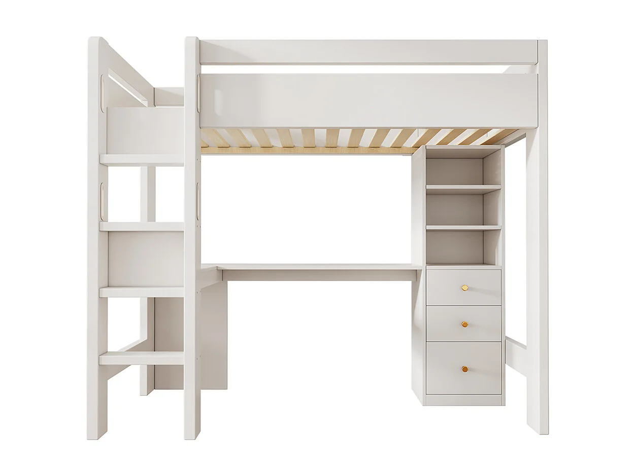 Lit mezzanine 90×200 cm pour enfants avec bureau en L étagères et tiroirs avec zone de recharge USB/Type C avec échelle et sommier à lattes en bois blanc