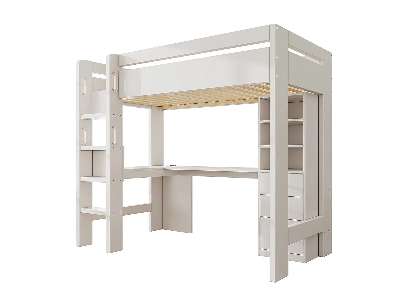 Lit mezzanine 90×200 cm pour enfants avec bureau en L étagères et tiroirs avec zone de recharge USB/Type C avec échelle et sommier à lattes en bois blanc