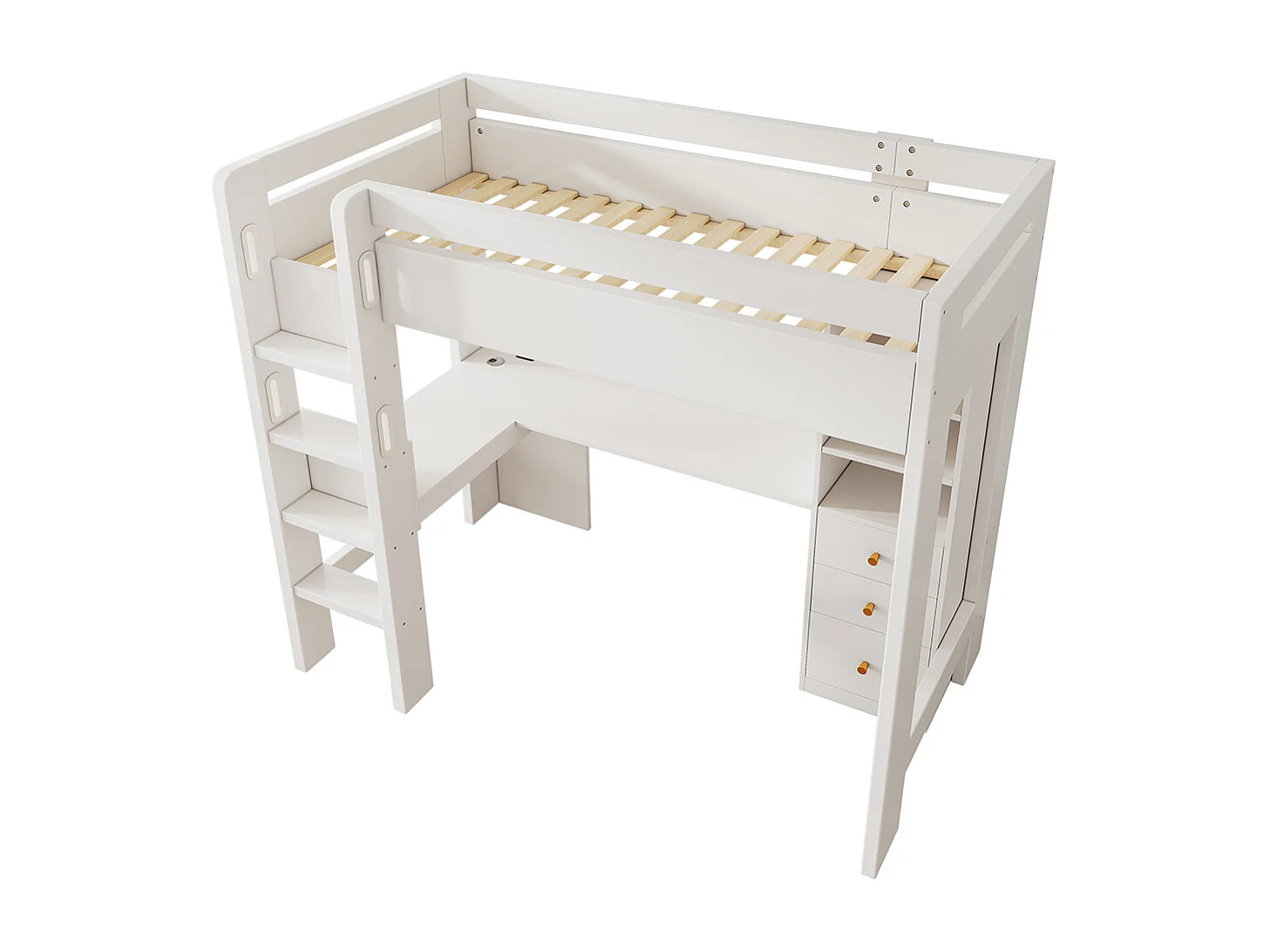 Lit mezzanine 90×200 cm pour enfants avec bureau en L étagères et tiroirs avec zone de recharge USB/Type C avec échelle et sommier à lattes en bois blanc