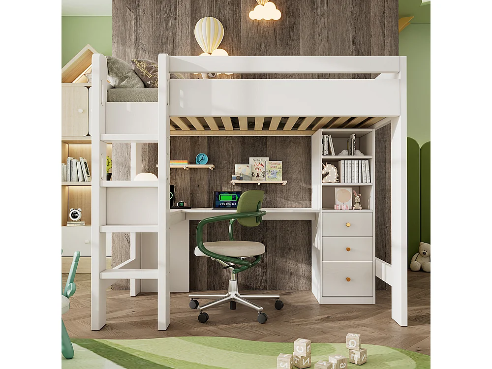 Lit mezzanine 90×200 cm pour enfants avec bureau en L étagères et tiroirs avec zone de recharge USB/Type C avec échelle et sommier à lattes en bois blanc