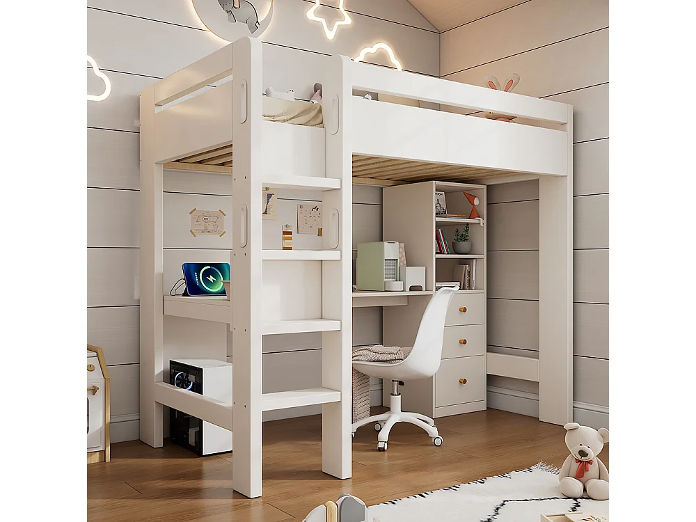 Lit mezzanine 90×200 cm pour enfants avec bureau en L étagères et tiroirs avec zone de recharge USB/Type C avec échelle et sommier à lattes en bois blanc