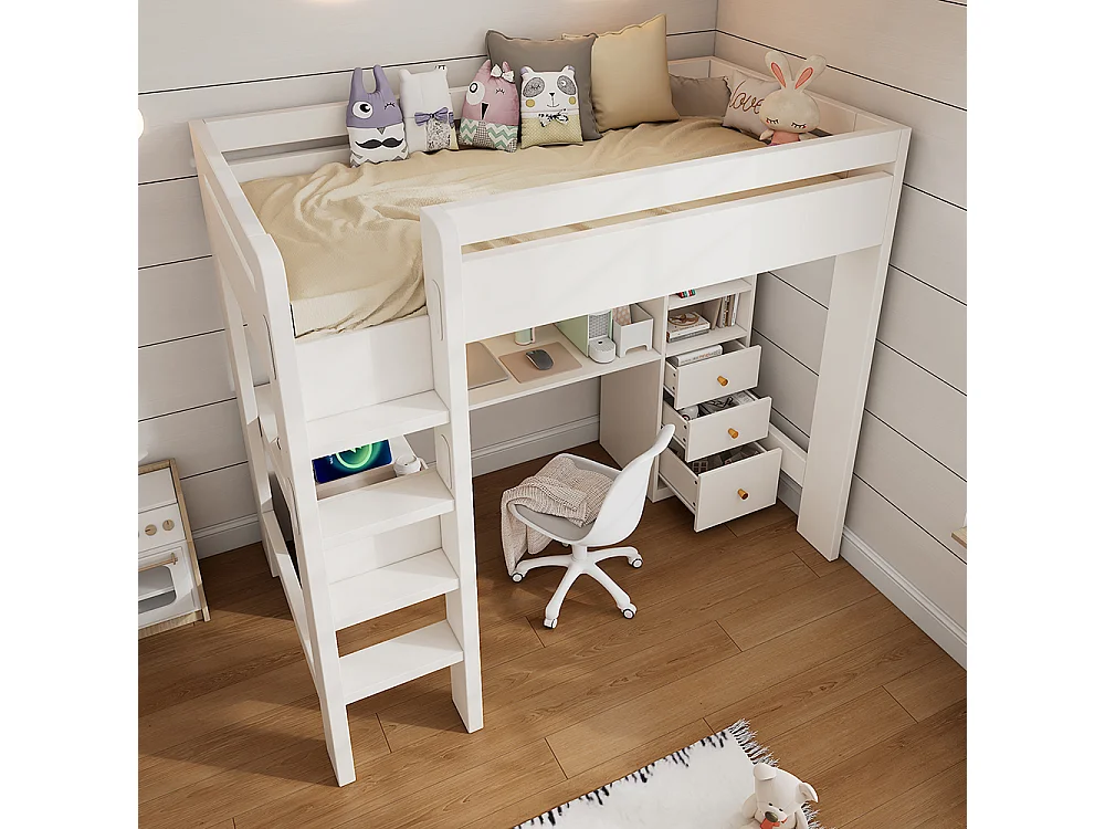 Lit mezzanine 90×200 cm pour enfants avec bureau en L étagères et tiroirs avec zone de recharge USB/Type C avec échelle et sommier à lattes en bois blanc