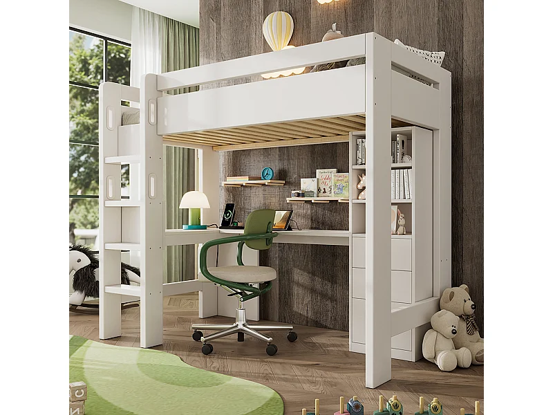 Lit mezzanine 90×200 cm pour enfants avec bureau en L étagères et tiroirs avec zone de recharge USB/Type C avec échelle et sommier à lattes en bois blanc