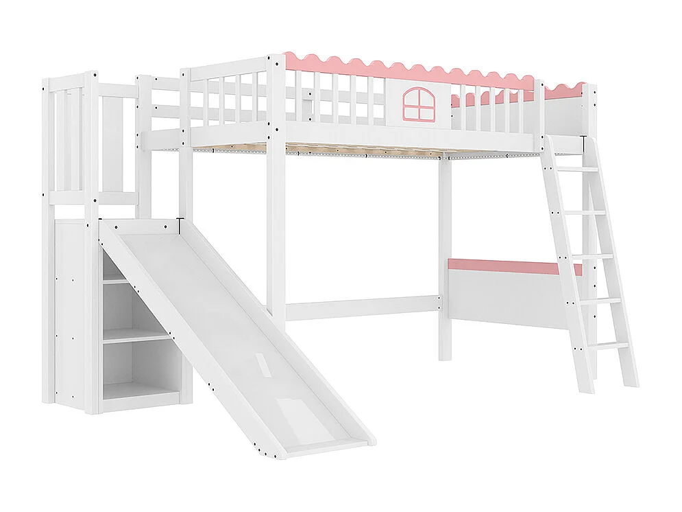 Lit mezzanine 90x200 cm lit simple lit pour enfant avec lampes LED avec étagères avec toboggan bois de pin blanc