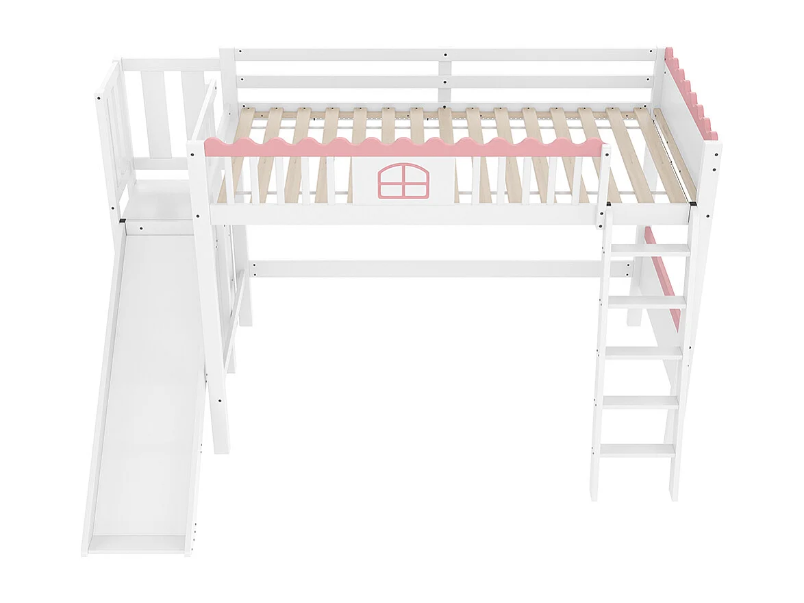Lit mezzanine 90x200 cm lit simple lit pour enfant avec lampes LED avec étagères avec toboggan bois de pin blanc