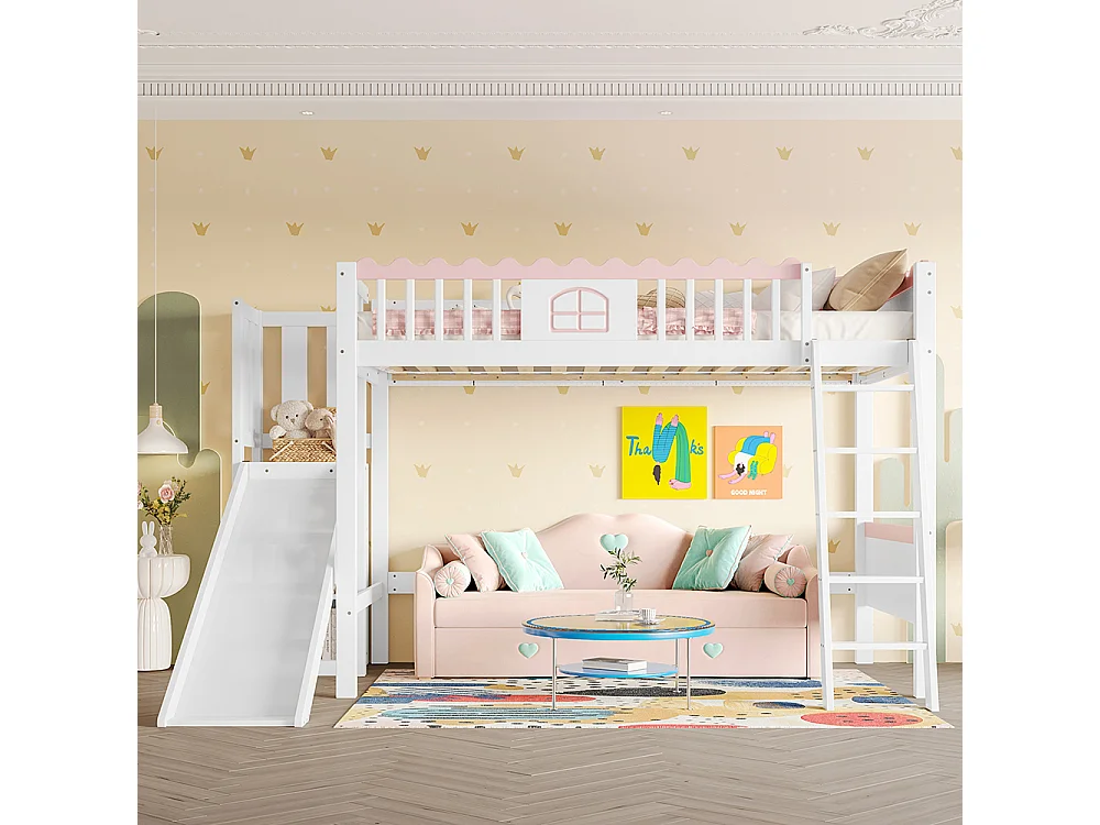 Lit mezzanine 90x200 cm lit simple lit pour enfant avec lampes LED avec étagères avec toboggan bois de pin blanc