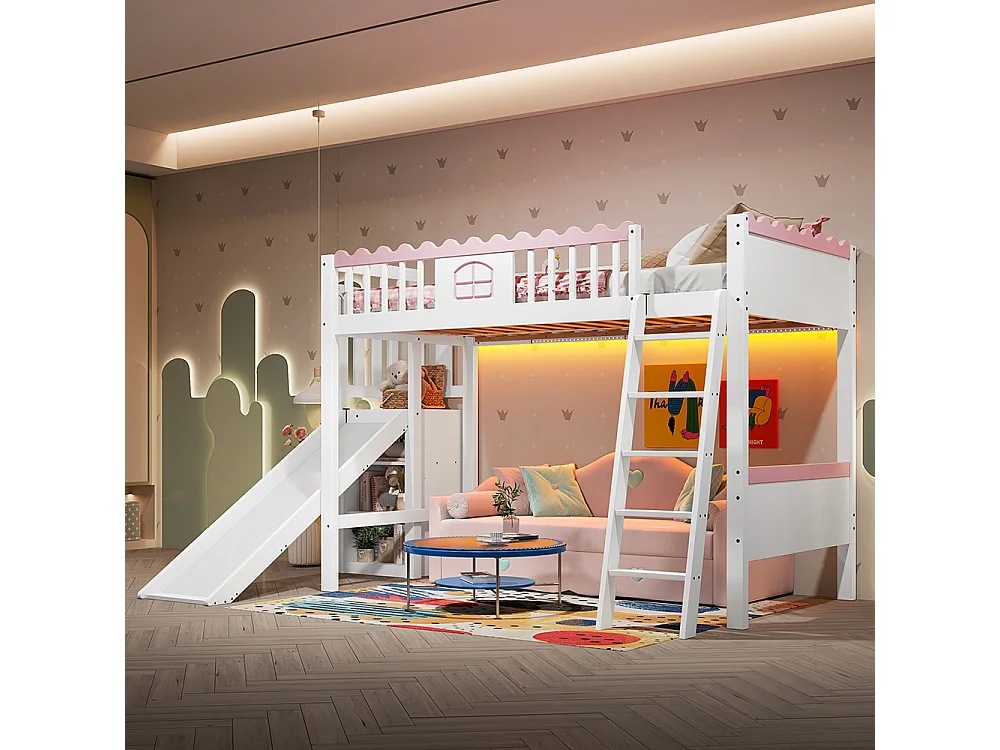 Lit mezzanine 90x200 cm lit simple lit pour enfant avec lampes LED avec étagères avec toboggan bois de pin blanc
