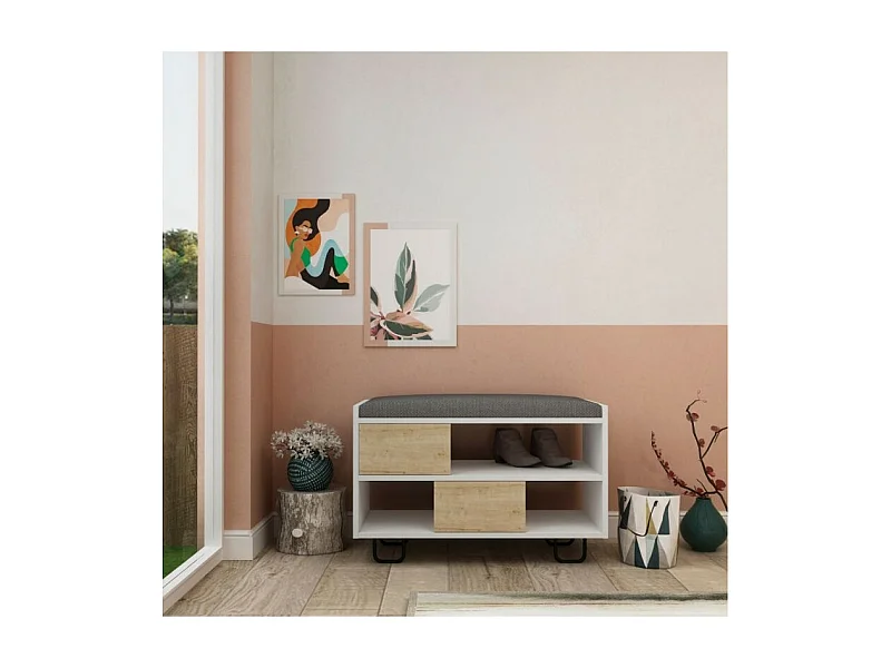 Panca scarpiera Troy con cuscino colore bianco e rovere